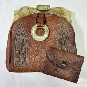 Rare Antique Wilson Art Deco Tooled Leather Handbag w/ Coin Purse Bakelite Frame